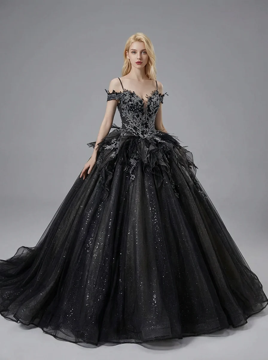 Gothic Black Off-Shoulder Wedding Dress with Embellished Tulle Plus Size - Image 3