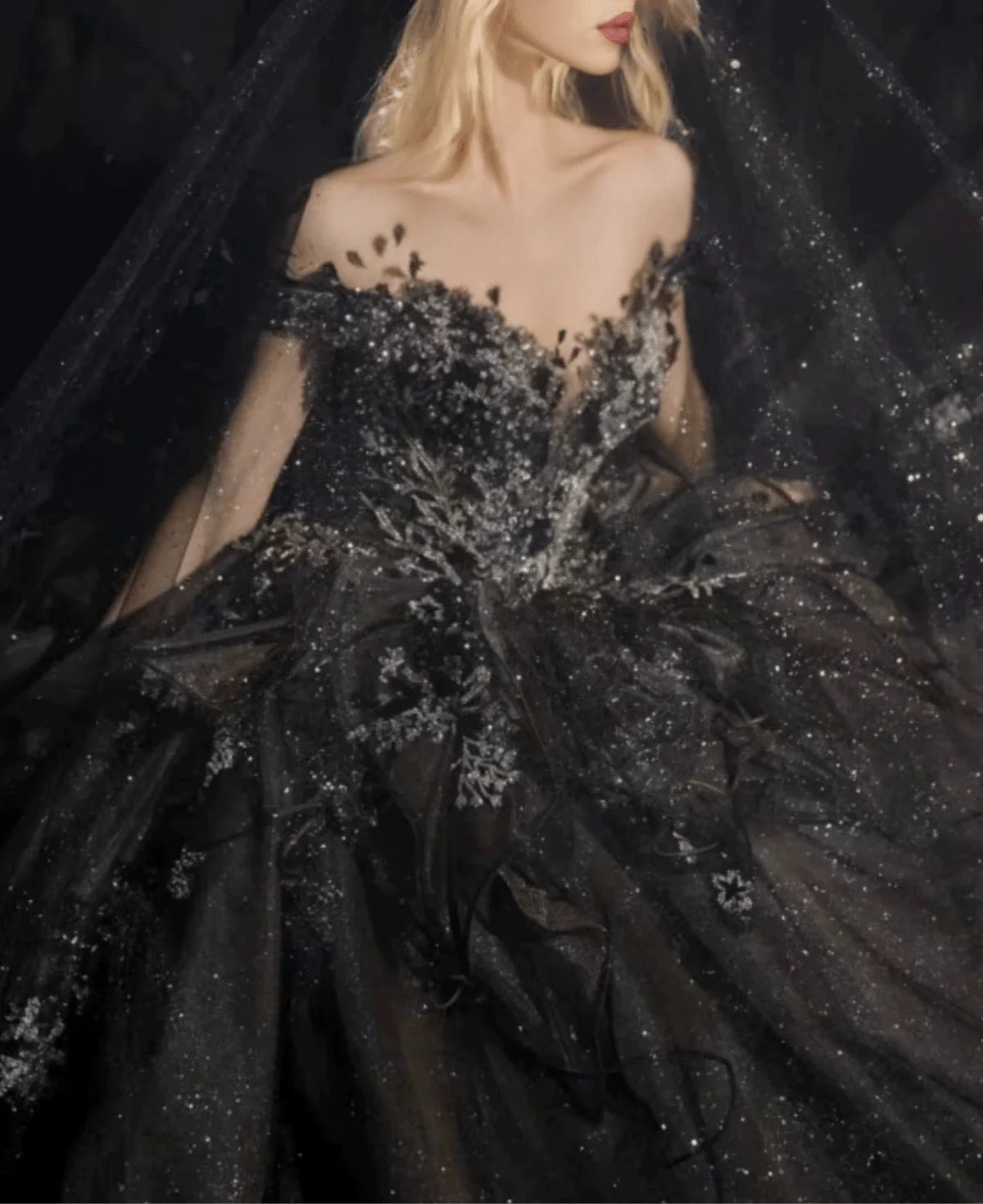 Gothic Black Off-Shoulder Wedding Dress with Embellished Tulle Plus Size - Image 4