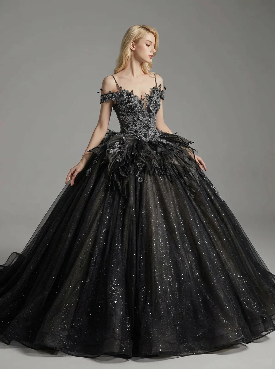 Gothic Black Off-Shoulder Wedding Dress with Embellished Tulle Plus Size - Image 5