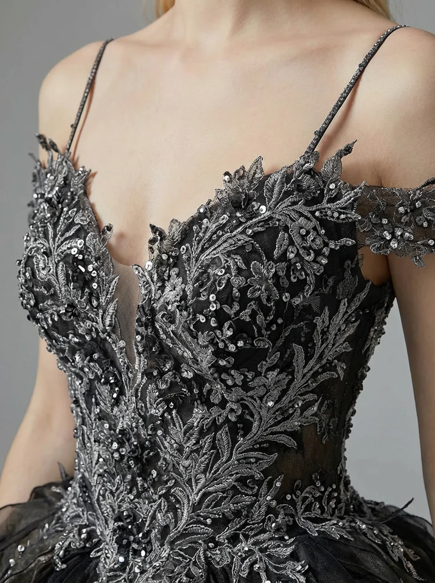 Gothic Black Off-Shoulder Wedding Dress with Embellished Tulle Plus Size - Image 6