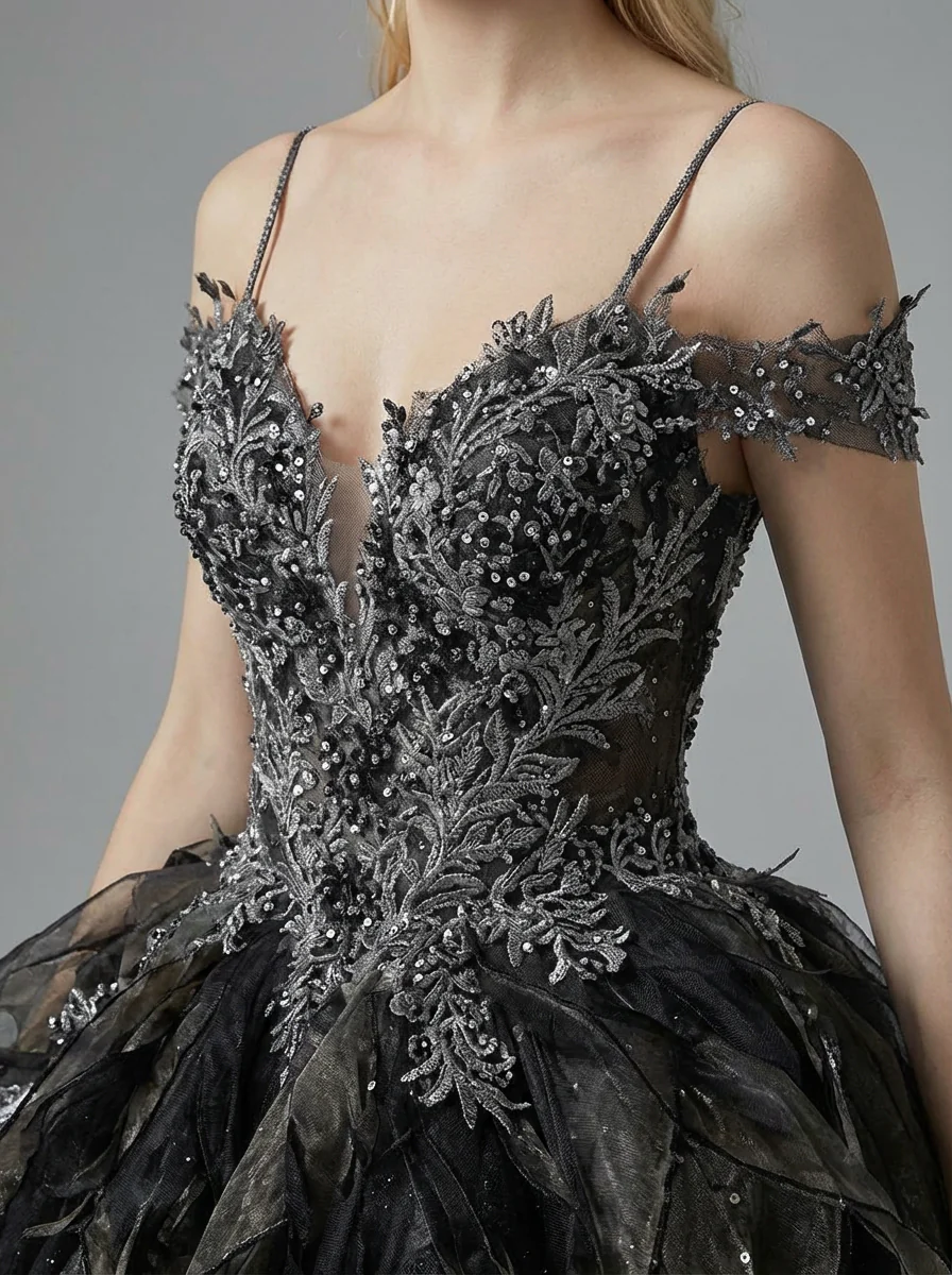 Gothic Black Off-Shoulder Wedding Dress with Embellished Tulle Plus Size - Image 7