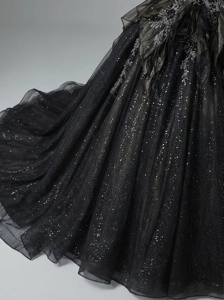 Gothic Black Off-Shoulder Wedding Dress with Embellished Tulle Plus Size - Image 9
