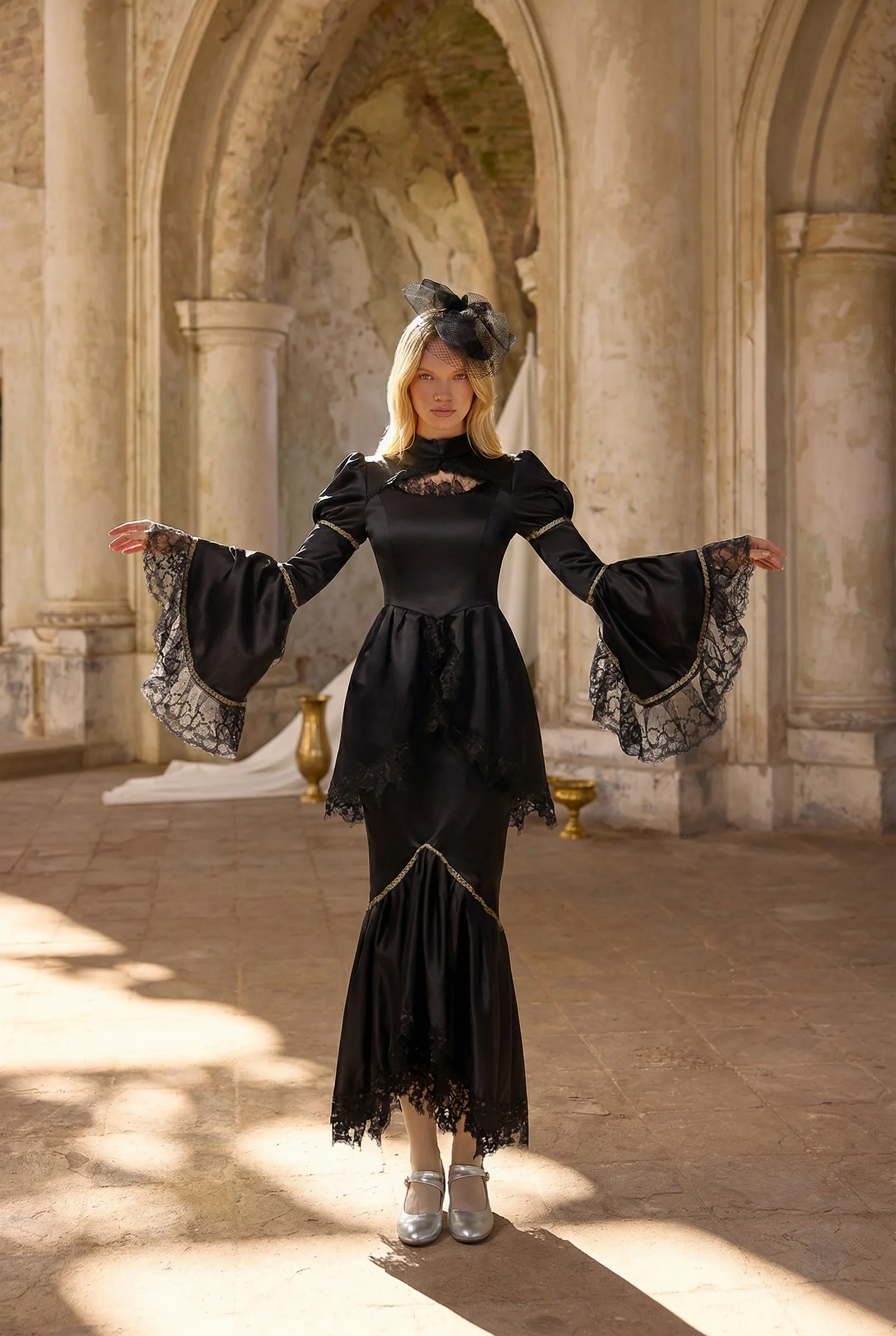 Gothic Black Rococo Style Dress – Dramatic Bell Sleeves and Mermaid Hem Plus Size