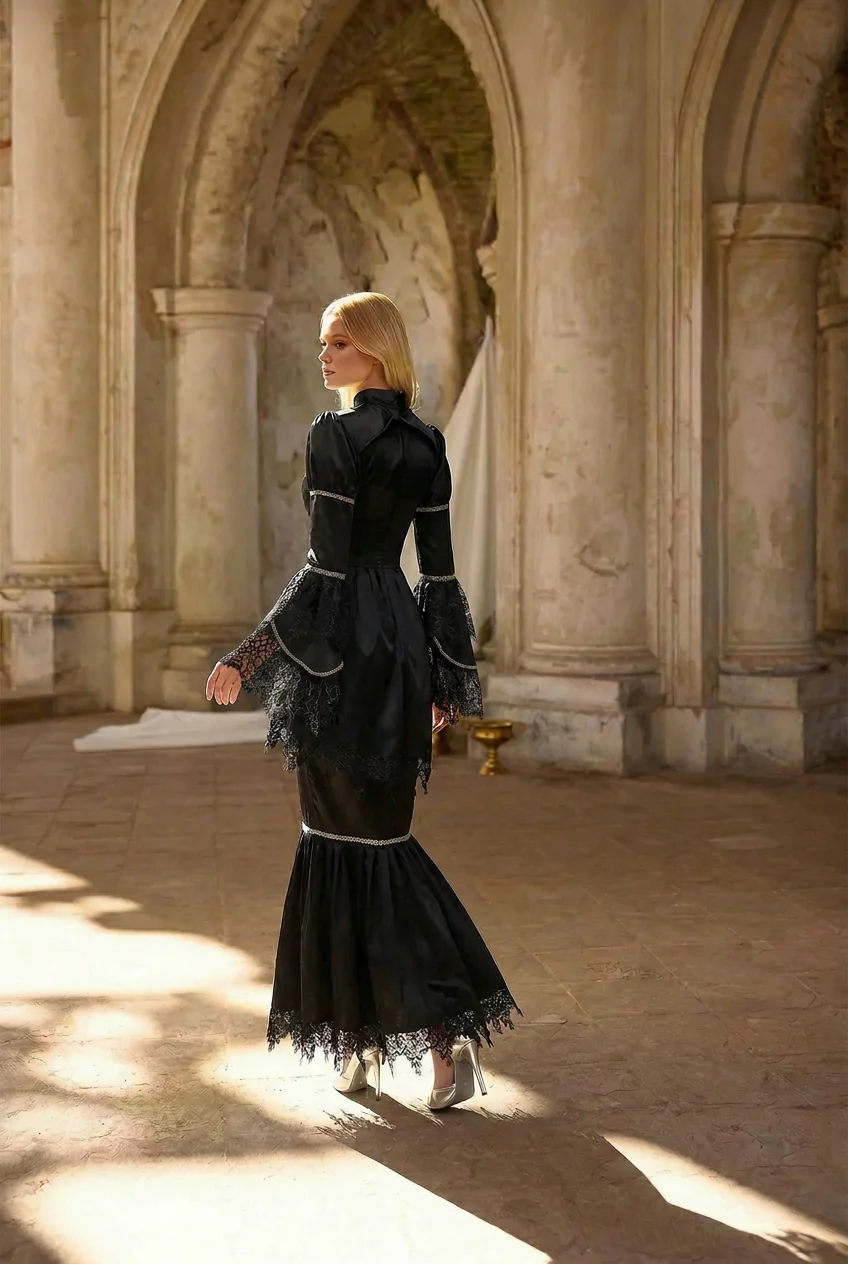 Gothic Black Rococo Style Dress – Dramatic Bell Sleeves and Mermaid Hem Plus Size - Image 2