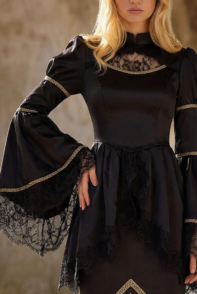 Gothic Black Rococo Style Dress – Dramatic Bell Sleeves and Mermaid Hem Plus Size - Image 3