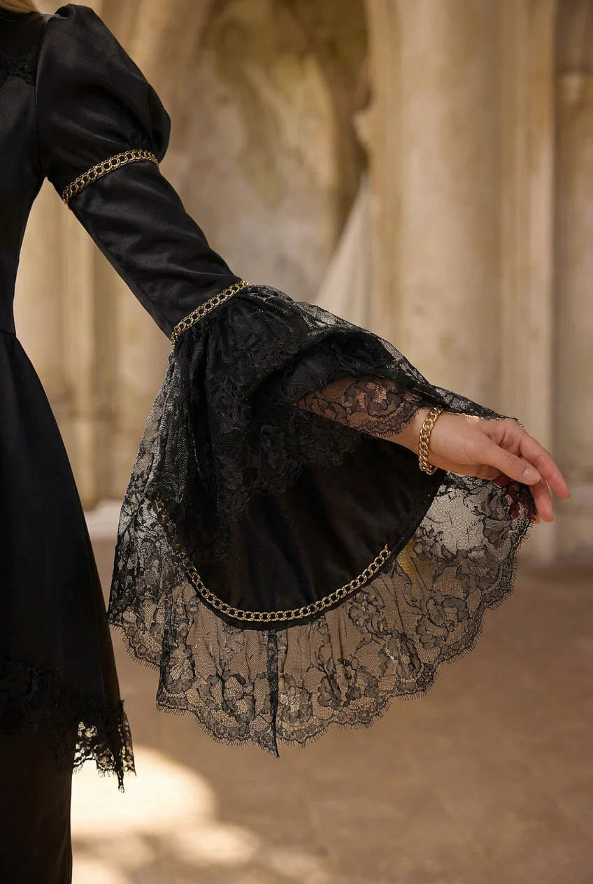 Gothic Black Rococo Style Dress – Dramatic Bell Sleeves and Mermaid Hem Plus Size - Image 4
