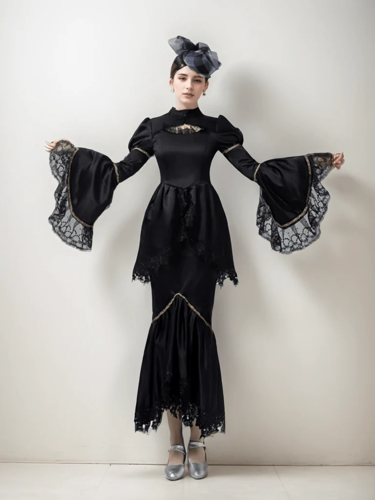 Gothic Black Rococo Style Dress – Dramatic Bell Sleeves and Mermaid Hem Plus Size - Image 7