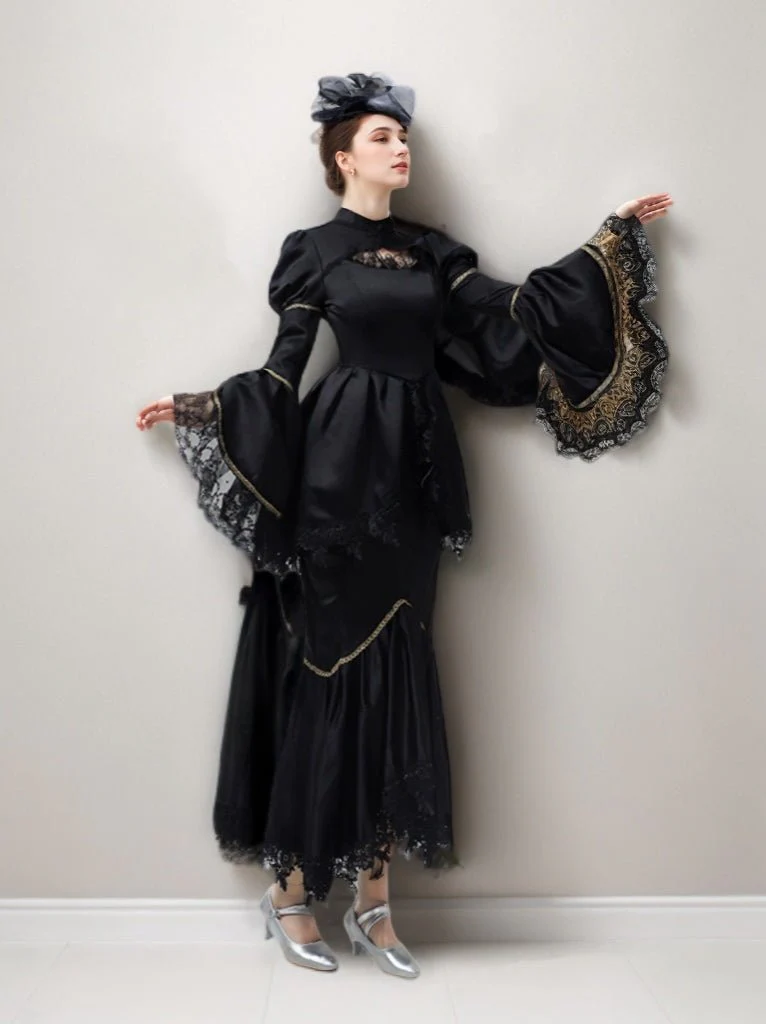 Gothic Black Rococo Style Dress – Dramatic Bell Sleeves and Mermaid Hem Plus Size - Image 8