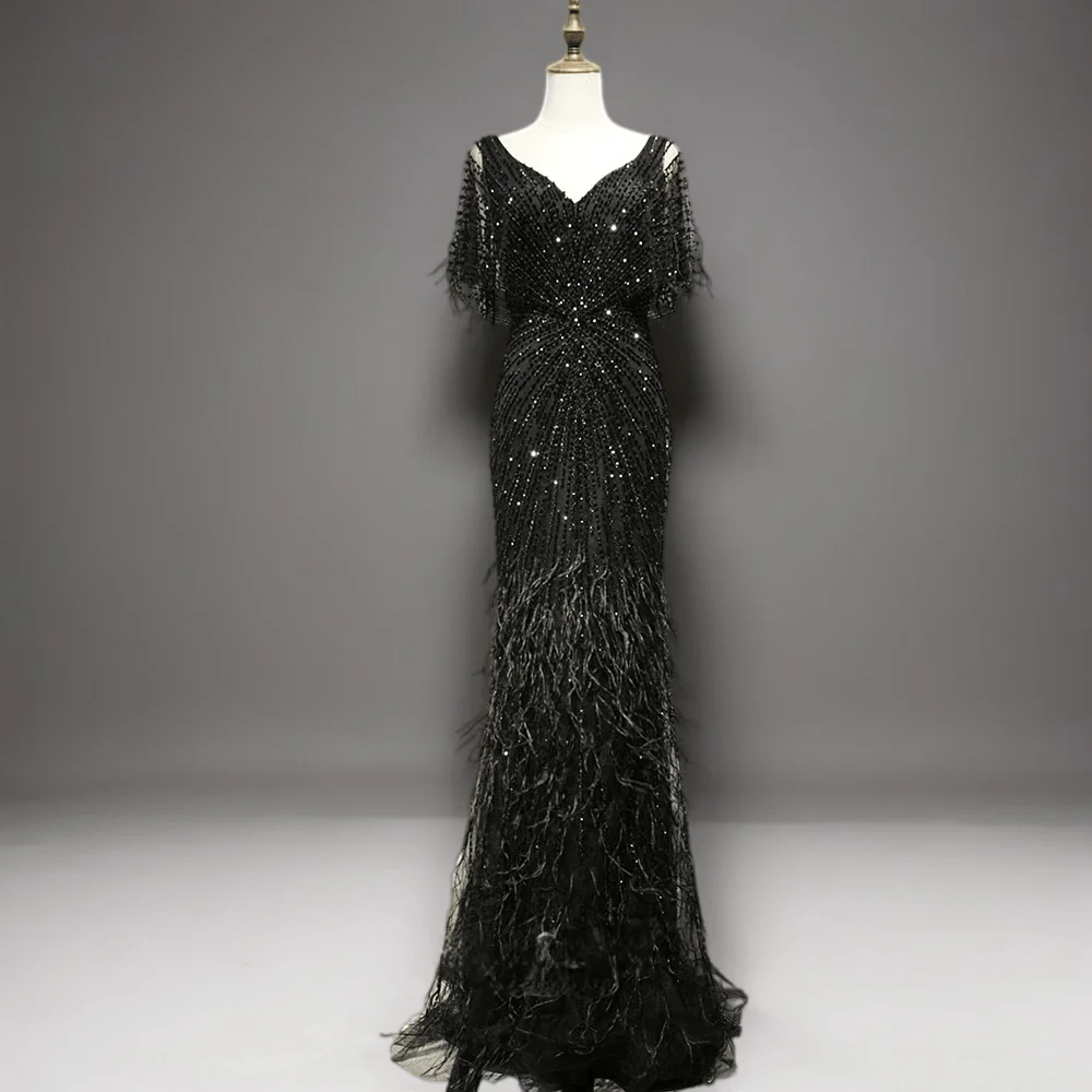 Gothic Black Sequin and Feather Evening Gown - Pretty Black Pretty Sequin Dress with Flutter Sleeves Plus Size