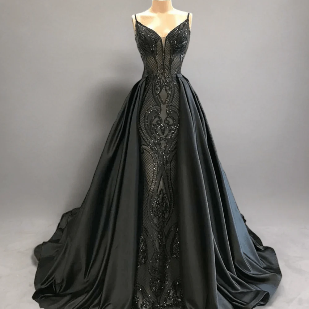 Gothic Black Sequin and Satin Evening Gown - Gothic Pretty Sequin Dress with Spaghetti Straps Plus Size