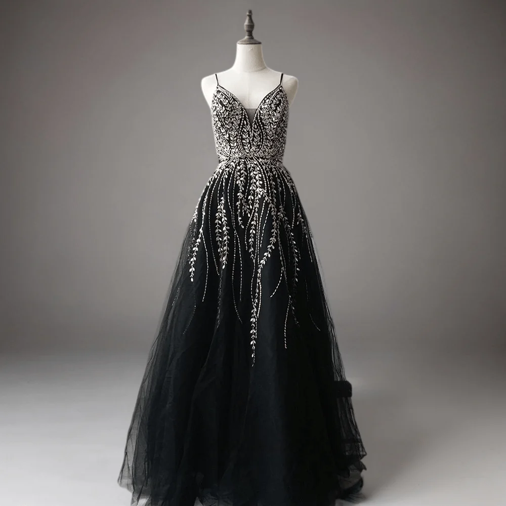 Gothic Black Sequin and Tulle Evening Gown - Elegant Sequin Dress with Spaghetti Straps Plus Size
