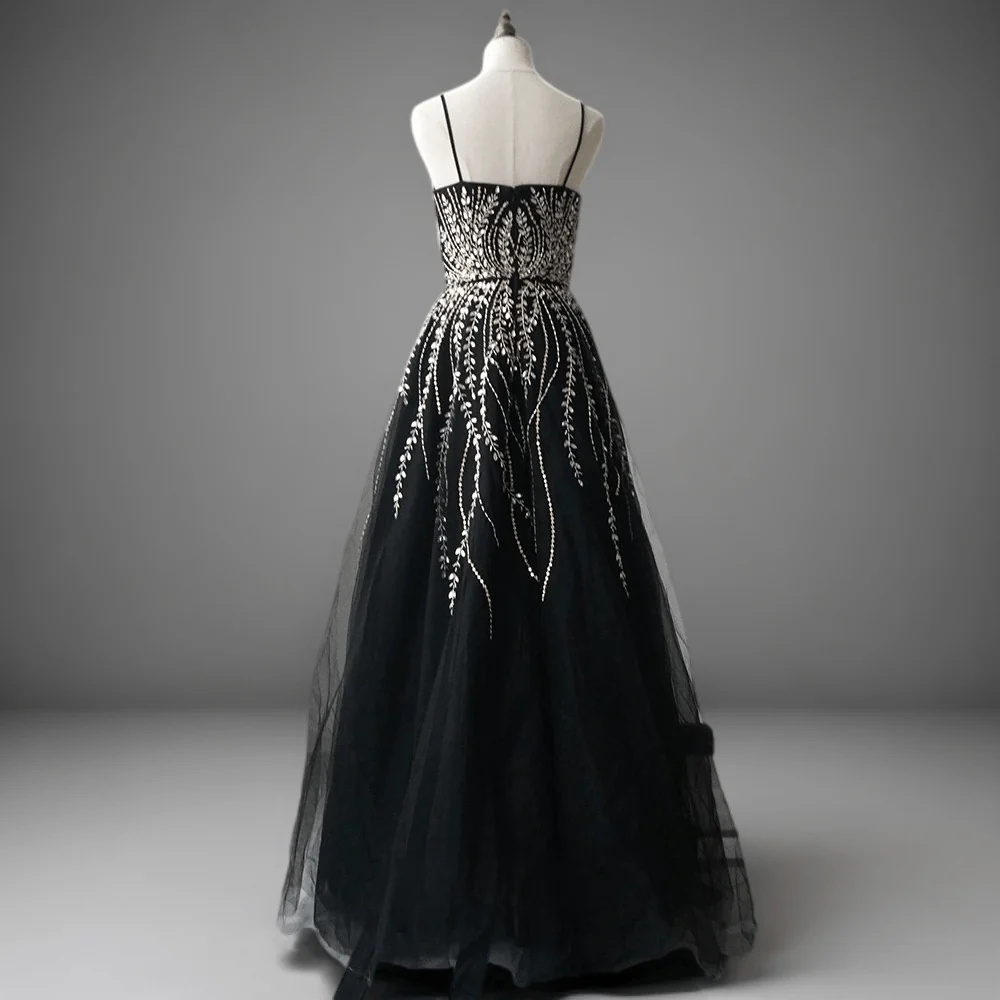 Gothic Black Sequin and Tulle Evening Gown - Elegant Sequin Dress with Spaghetti Straps Plus Size - Image 2