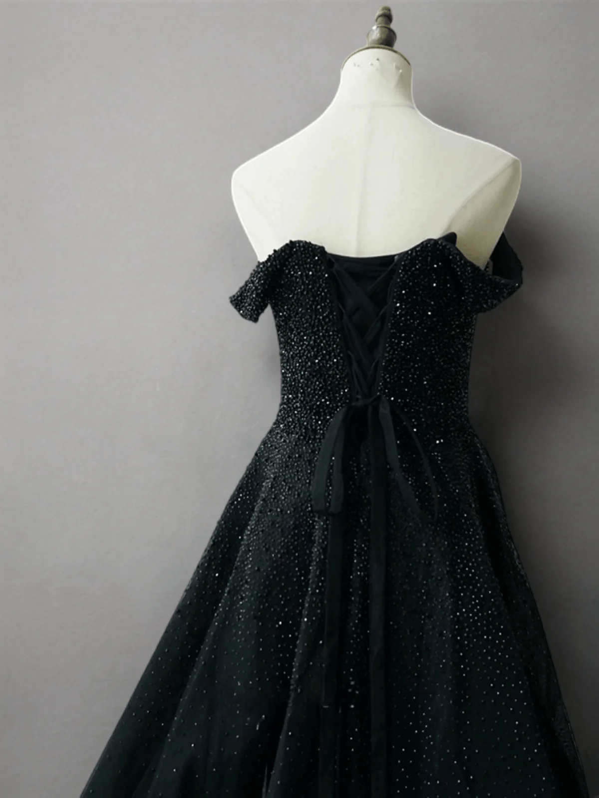 Gothic Black Sequin Ball Gown - Off-Shoulder Bridal Gown with Corset Plus Size - Image 3