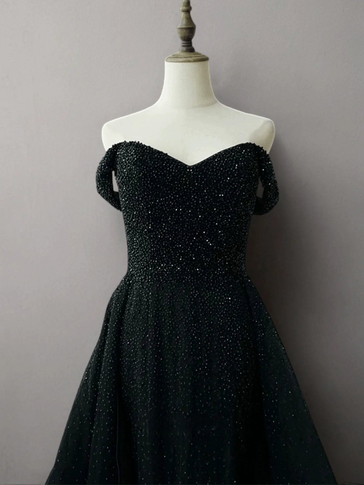 Gothic Black Sequin Ball Gown - Off-Shoulder Bridal Gown with Corset Plus Size - Image 4