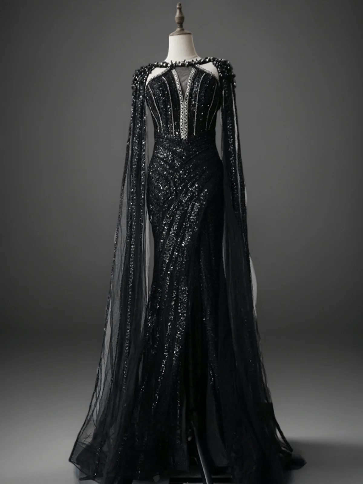 Gothic Black Sequin Evening Dress with Long Cape Sleeves - Black Beaded Gown Plus Size