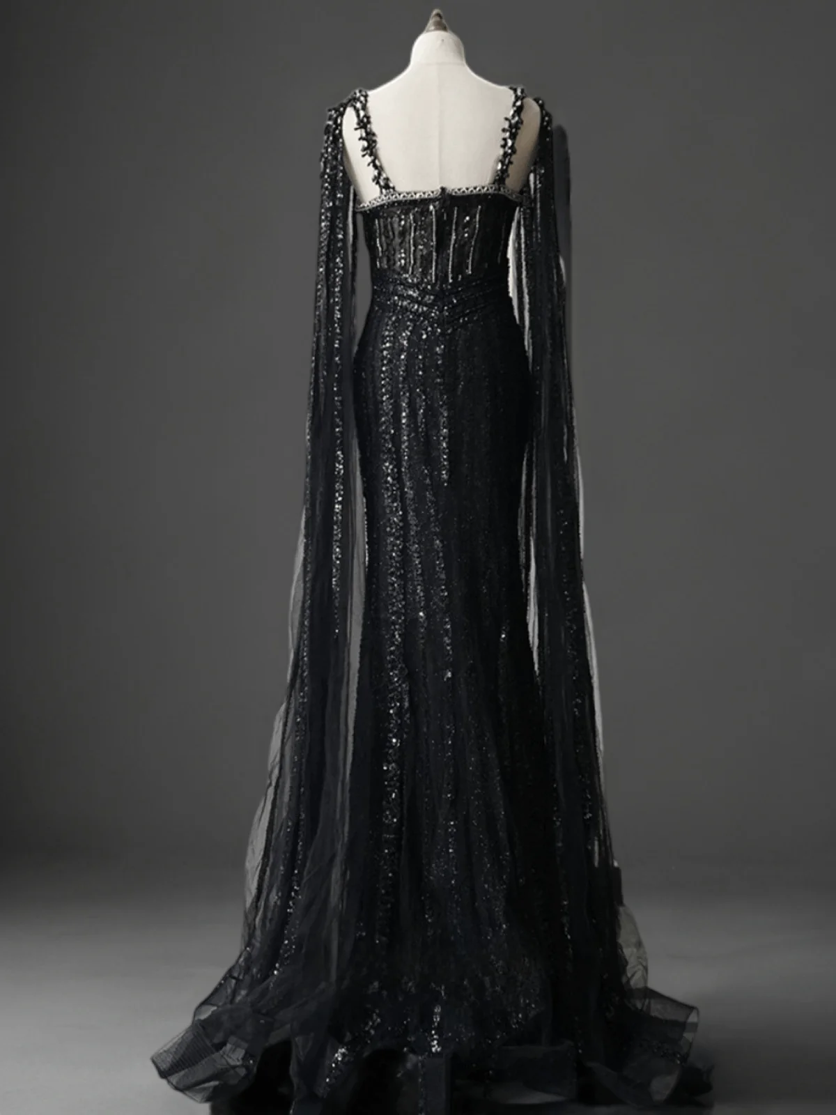 Gothic Black Sequin Evening Dress with Long Cape Sleeves - Black Beaded Gown Plus Size - Image 2