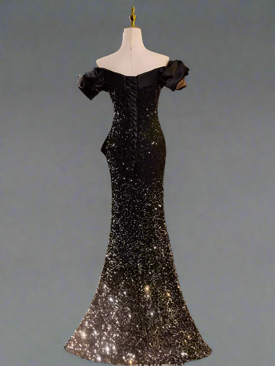 Gothic Black Tight-Gitted Prom Dress with Sequins - Mermaid Dress Evening Gown with Sparkling Detail - Off the Shoulder Dress Plus Size - Image 3