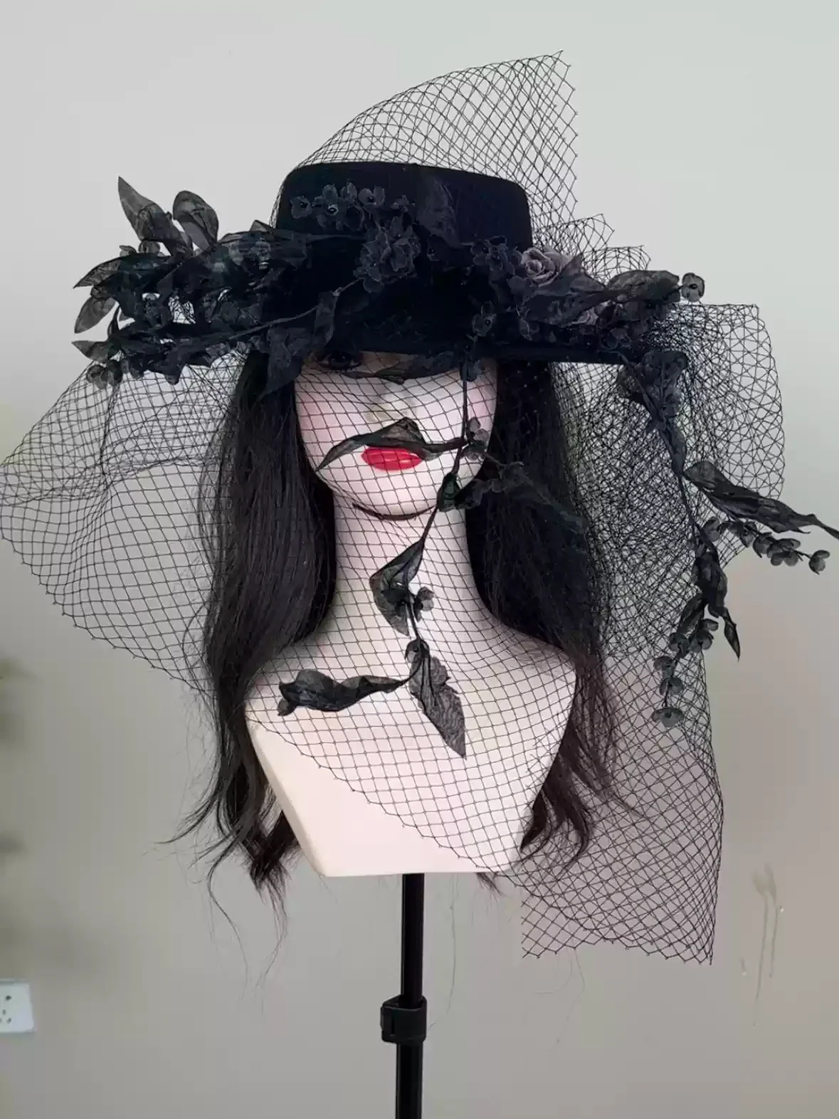 Gothic Black Top Hat with Feather and Floral Accents - Black Hat with Feather and Veil - Image 2