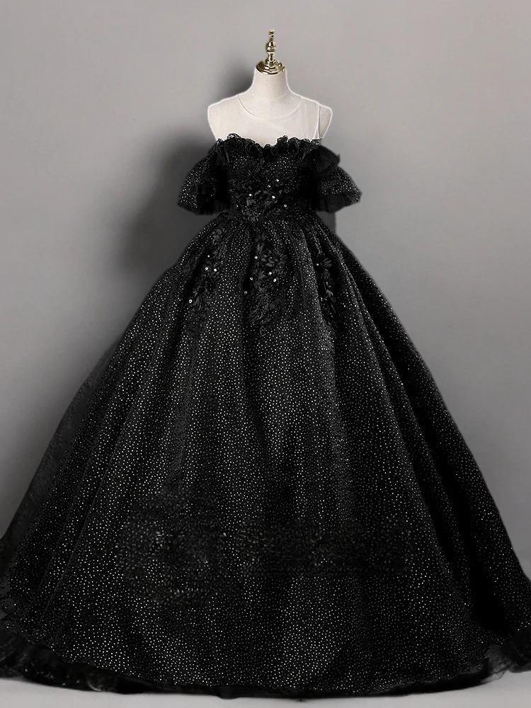 Gothic Black Wedding Dress with Beaded Ruffle Shoulders - Black Sequin Evening Gown Plus Size