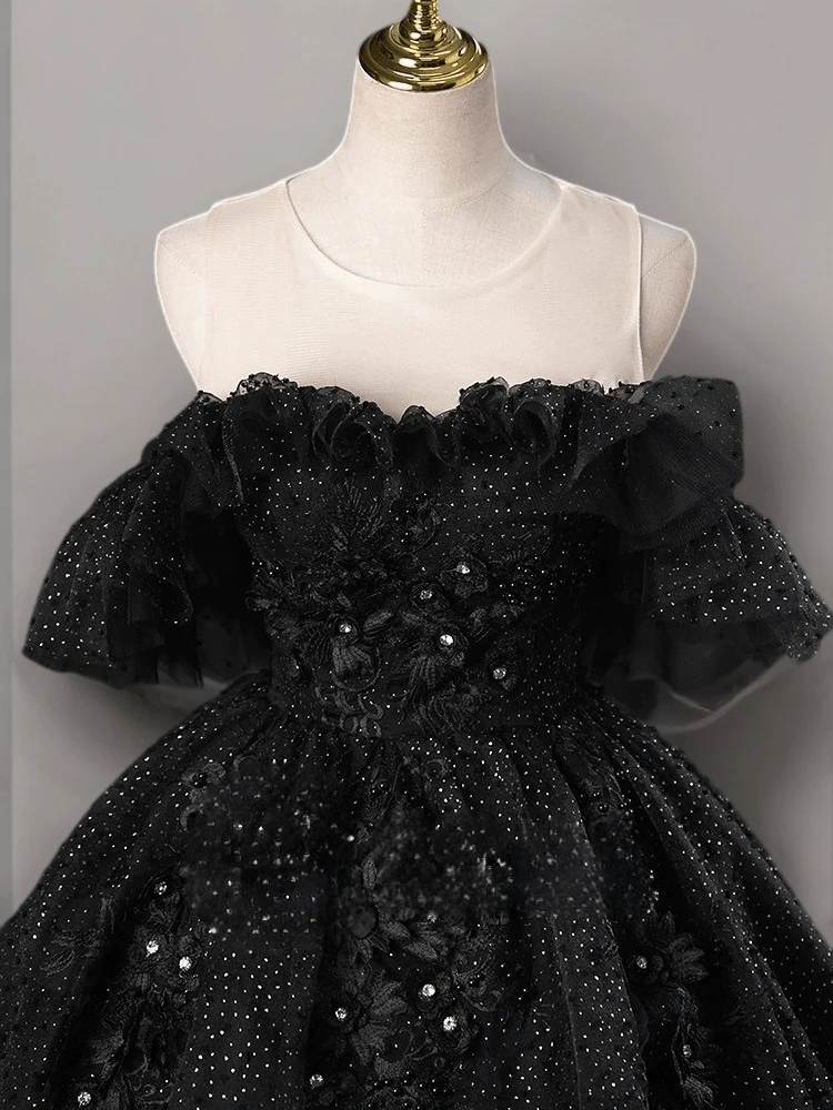 Gothic Black Wedding Dress with Beaded Ruffle Shoulders - Black Sequin Evening Gown Plus Size - Image 5