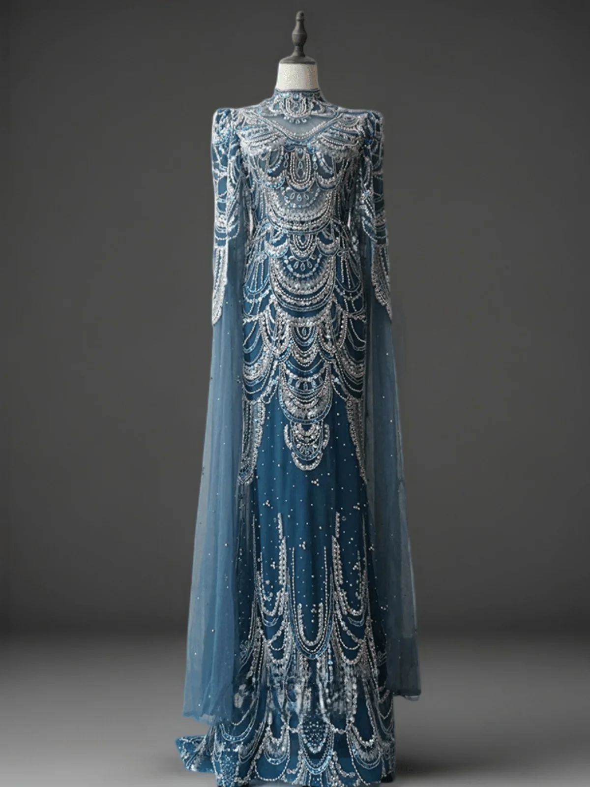Gothic Blue Sequin Evening Gown with Cape Sleeves - Pretty Sequin Dress with Beaded Plus Size