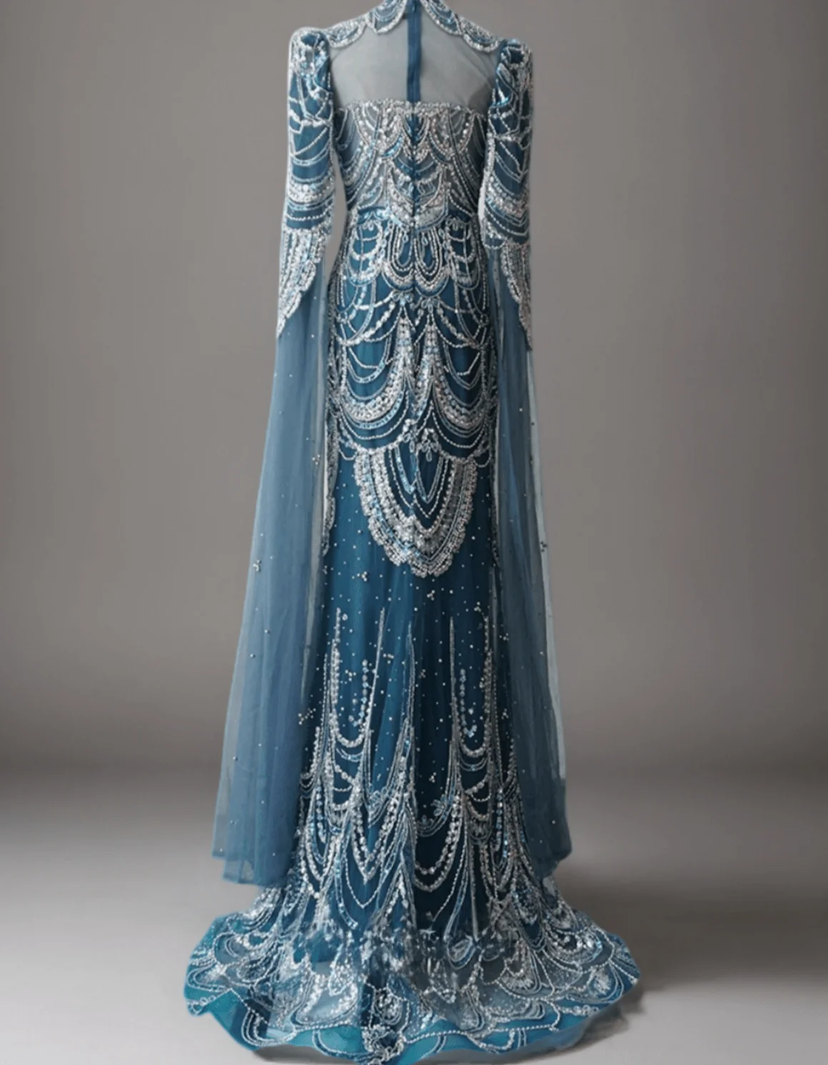 Gothic Blue Sequin Evening Gown with Cape Sleeves - Pretty Sequin Dress with Beaded Plus Size - Image 2