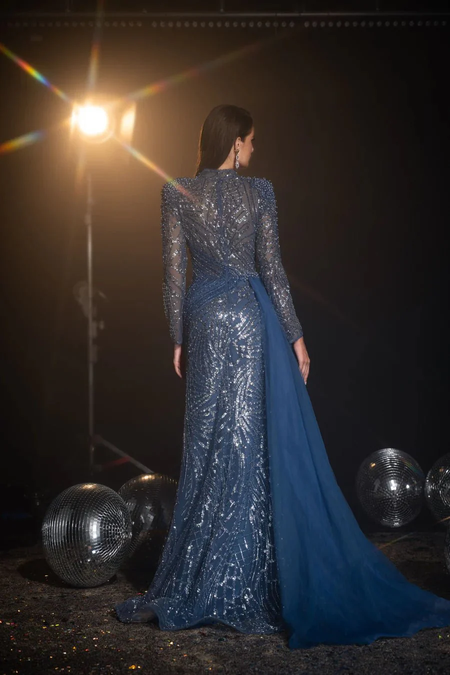 Gothic Blue Sequin Evening Gown with Long Sleeves and Cape Overlay Dress - Designer Sequin Gown Plus Size - Image 2