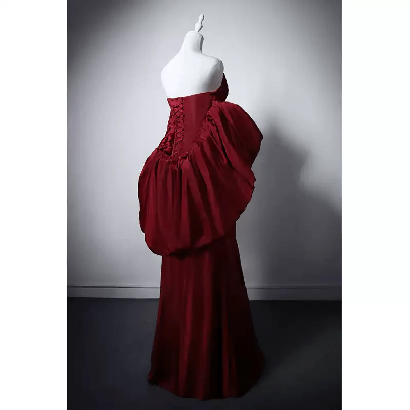 Gothic Burgundy Red Evening Gown with Dramatic Puff Sleeves - Red Evening Gown with Corset Back Plus Size - Image 3