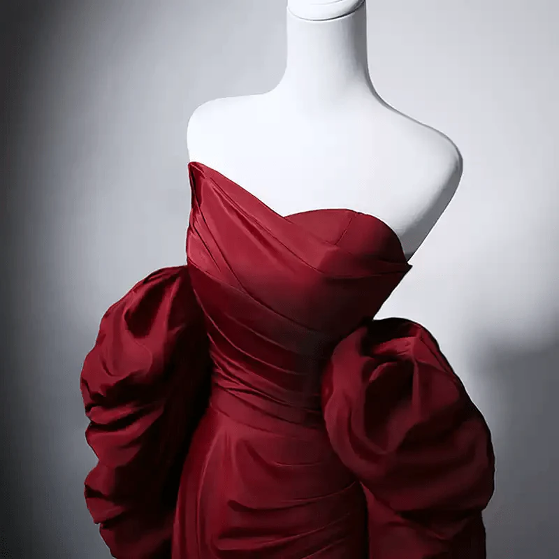 Gothic Burgundy Red Evening Gown with Dramatic Puff Sleeves - Red Evening Gown with Corset Back Plus Size - Image 4