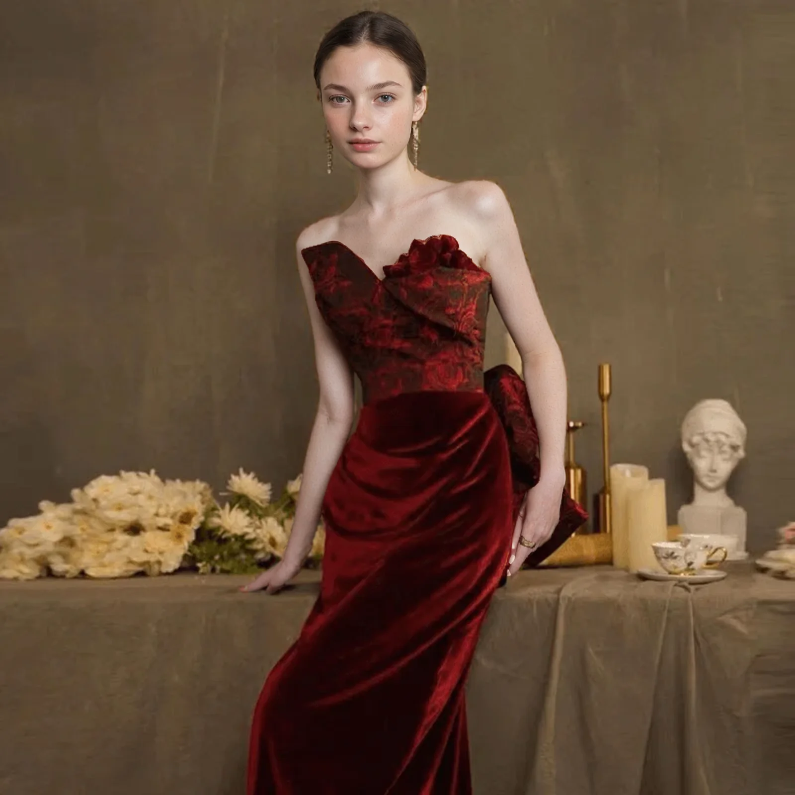 Gothic Burgundy Red Velvet Mermaid Formal Dress -Ball Gown Plus Size - Image 3
