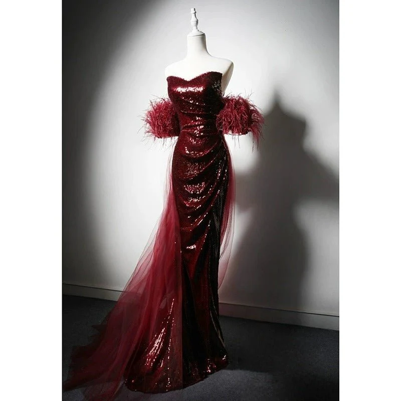 Gothic Burgundy Sequin Evening Dress with Feathered Sleeves - Gothic Red Evening Gown with TullePlus Size - Image 2