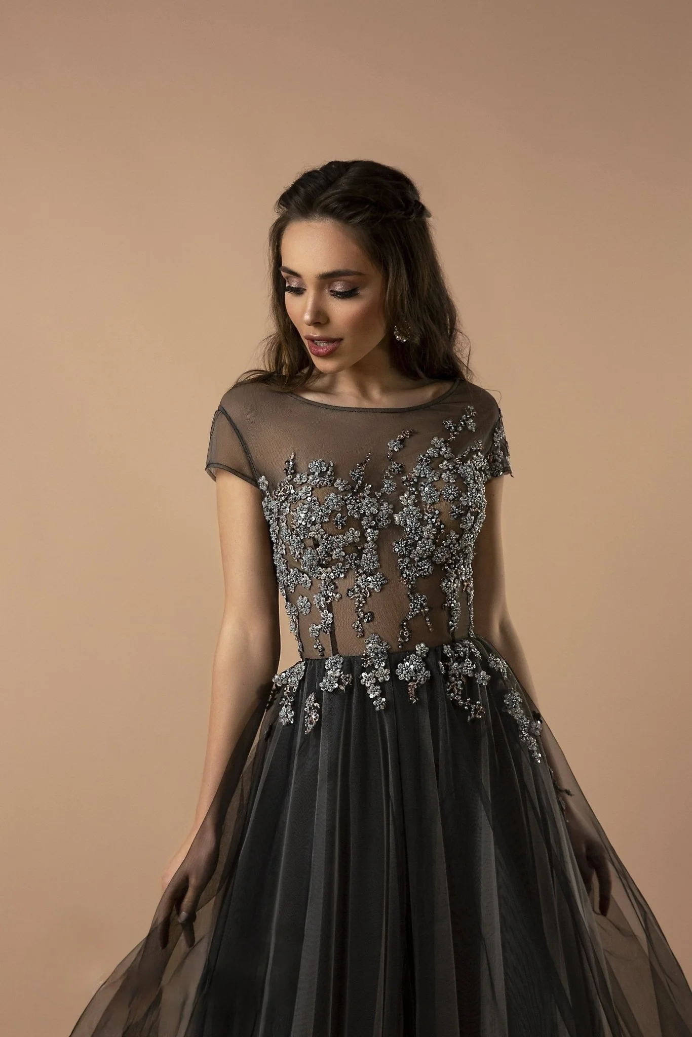 Gothic Black And Silver Charcoal Sequins A-Line Gown -Tulle Beaded Wedding Dress Plus Size - Image 2