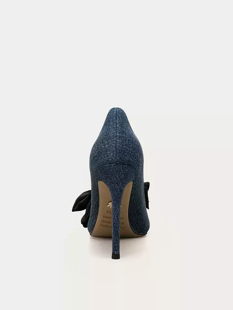 Gothic Deep Blue Denim High Heels with Bow Detail - Image 3