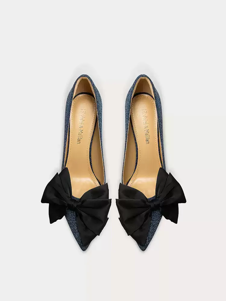 Gothic Deep Blue Denim High Heels with Bow Detail - Image 4