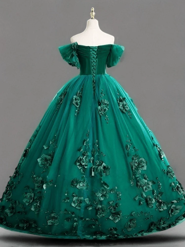 Gothic Emerald Green Ball Gown with Floral Accents - Off Shoulder Wedding Dress Plus Size - Image 4