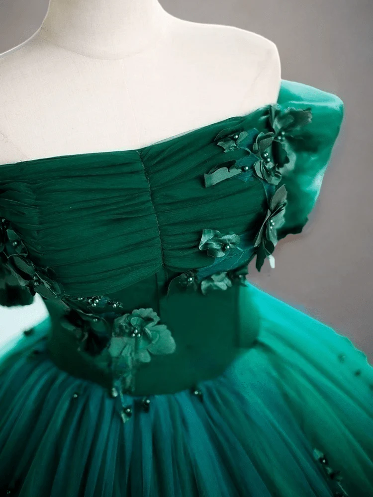 Gothic Emerald Green Ball Gown with Floral Accents - Off Shoulder Wedding Dress Plus Size - Image 5