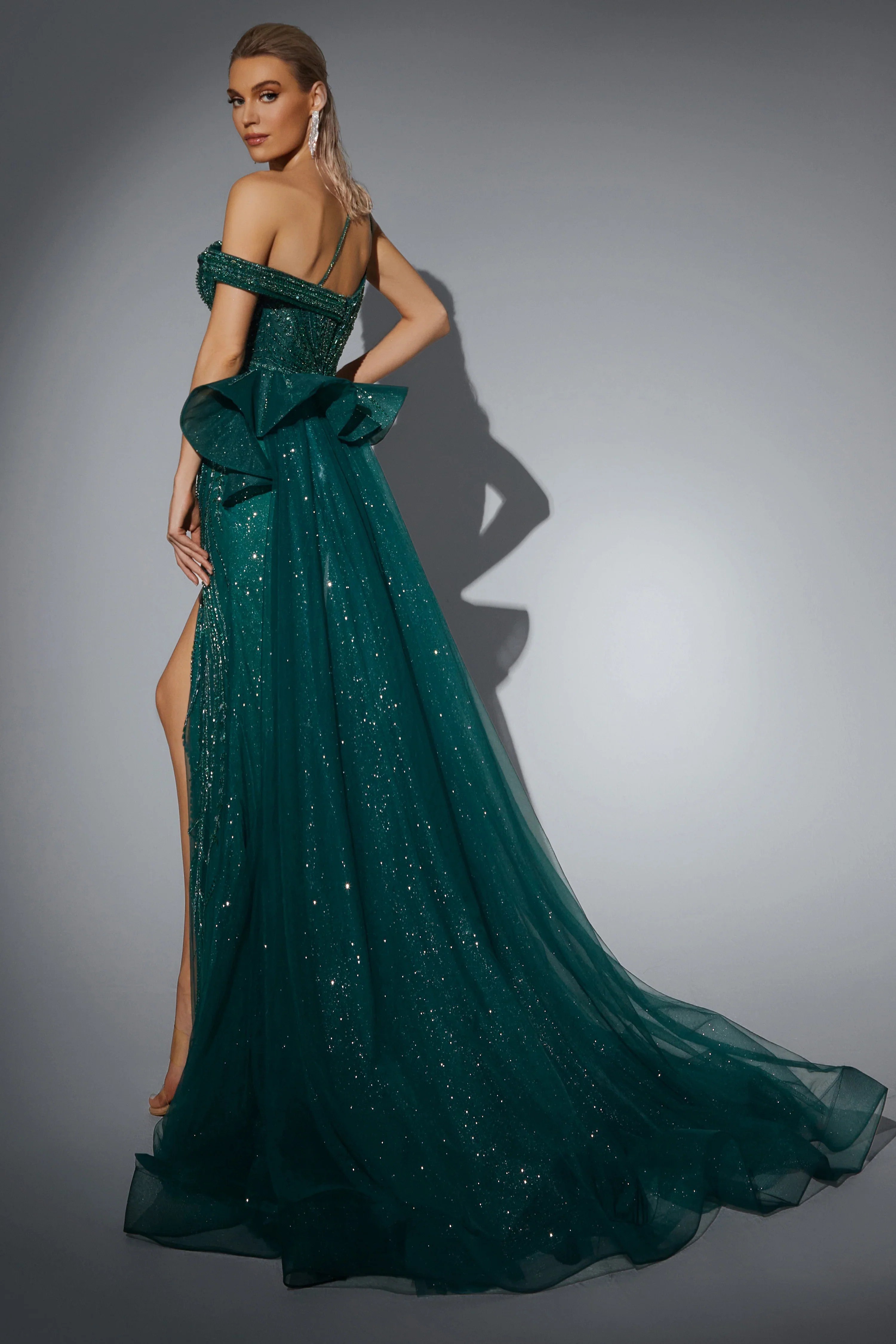 Gothic Emerald Green Glitter Dress with Off-Shoulder Design - Designer Sequin Gown with Flowing Tulle Skirt - Pretty Sequin Dress Plus Size - Image 2