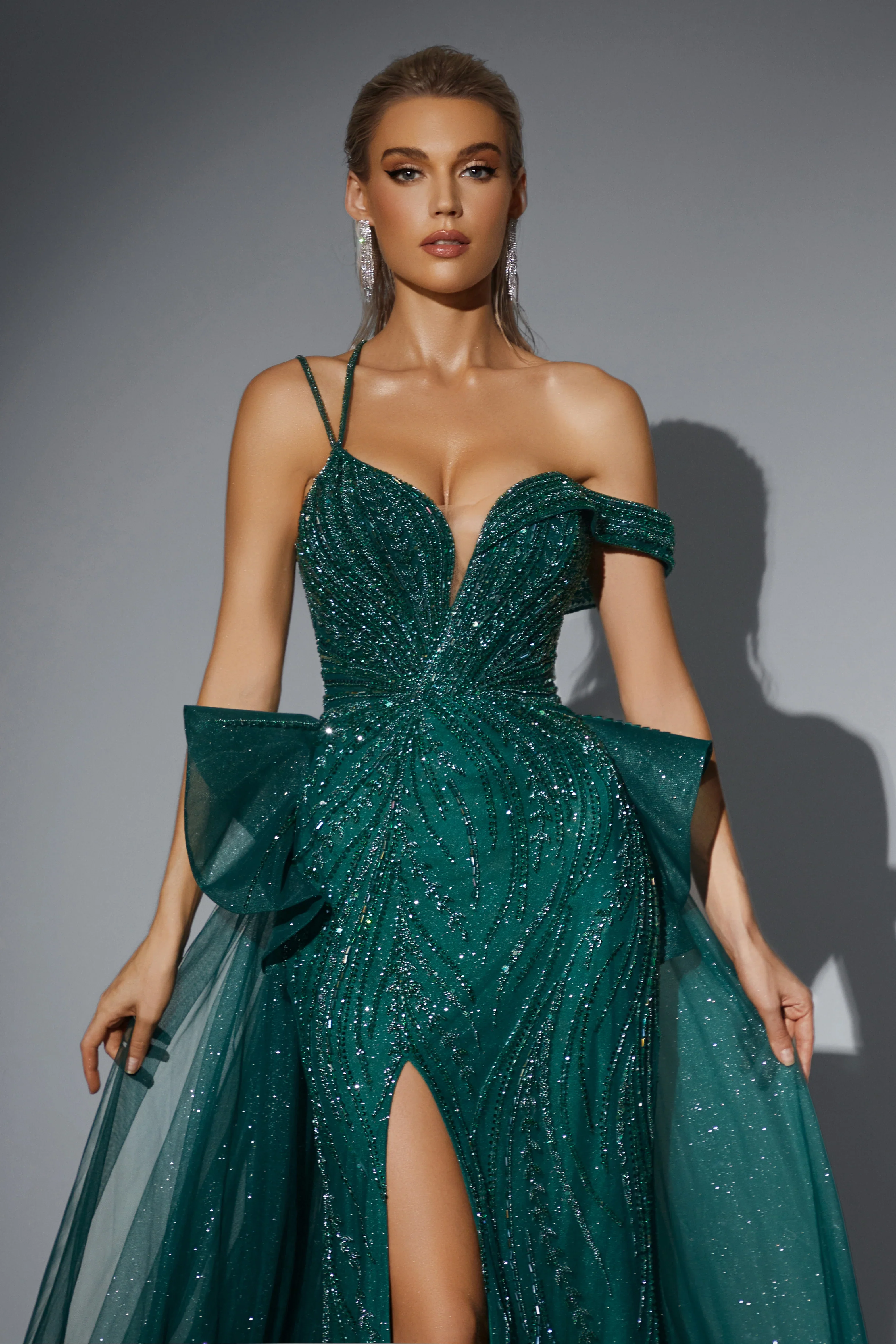 Gothic Emerald Green Glitter Dress with Off-Shoulder Design - Designer Sequin Gown with Flowing Tulle Skirt - Pretty Sequin Dress Plus Size - Image 3