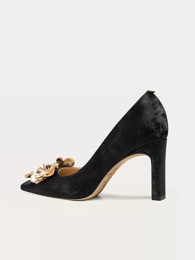 Gothic Floral Embellished Black High Heels - Image 2