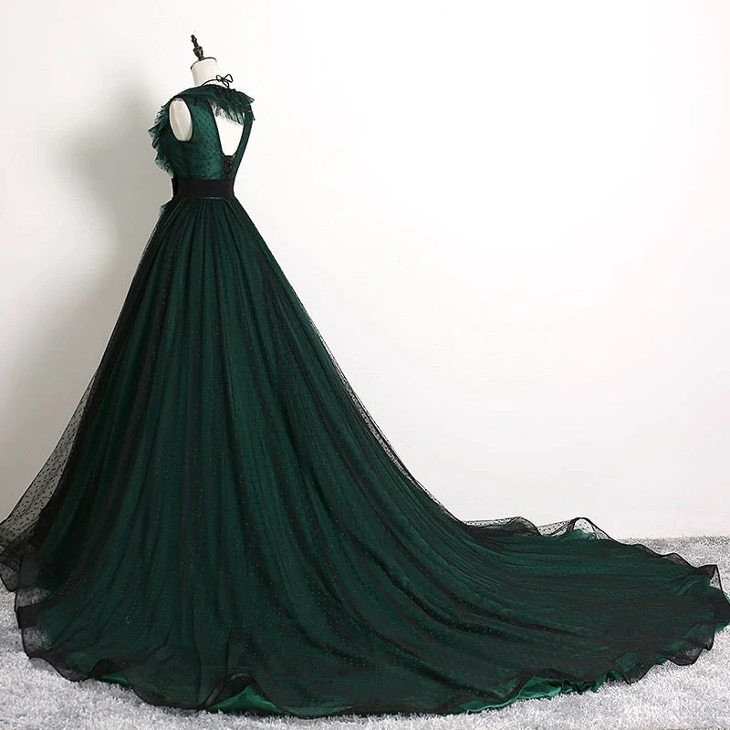 Gothic Forest Green Ball Gown with Textured Ruffle Accents - Green Evening Dress with Bow Tie Belt Plus Size - Image 3