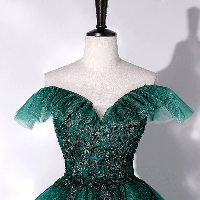 Gothic Forest Green Evening Gown with Cinched Waist - Off-Shoulder Evening Dress with Tulle Plus Size - Image 4