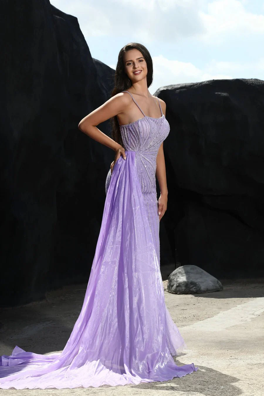 Gothic Emerald Sequin Evening Gown with Draped Cape - Designer Sequin Dress and Pretty Sequin Dress Plus Size - Image 3