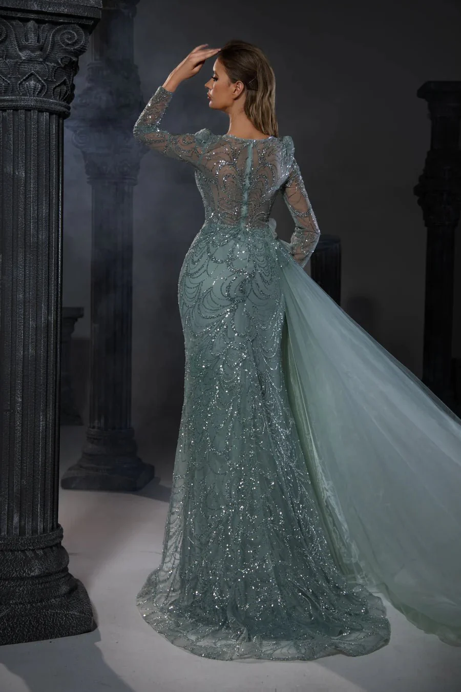 Gothic Dusty Green Sequin Evening Gown with Long Sheer Sleeves and Tulle Accent - Designer Sequin Gown and Glitter Dress Plus Size - Image 2
