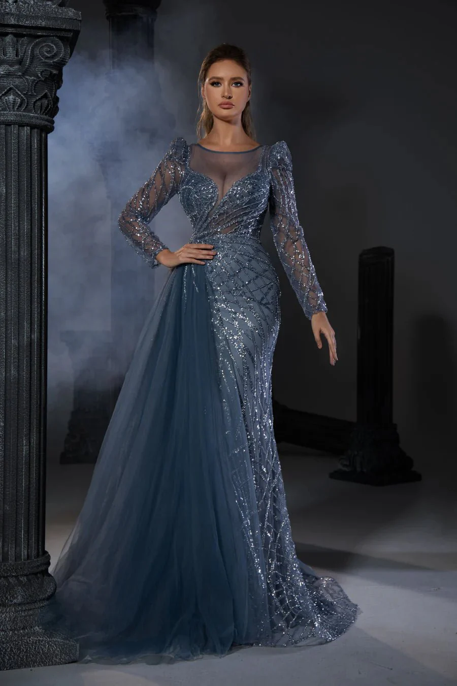 Gothic Grey Blue Sequin Evening Gown with Sheer Long Sleeves - Designer Sequin Gown and illusion Neckline Dress with Sleeves Plus Size