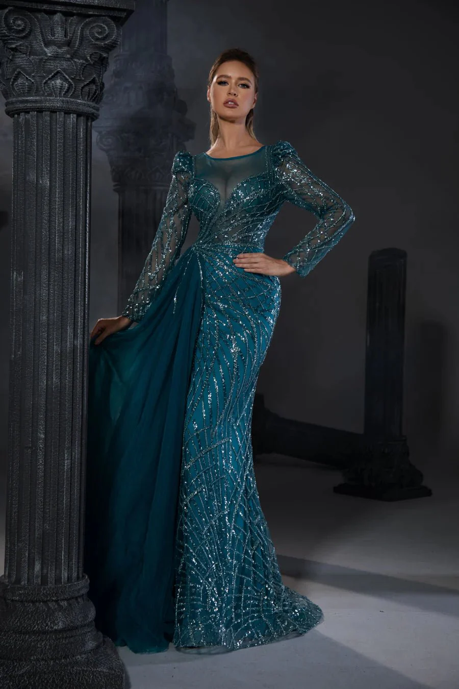 Gothic Grey Blue Sequin Evening Gown with Sheer Long Sleeves - Designer Sequin Gown and illusion Neckline Dress with Sleeves Plus Size - Image 3