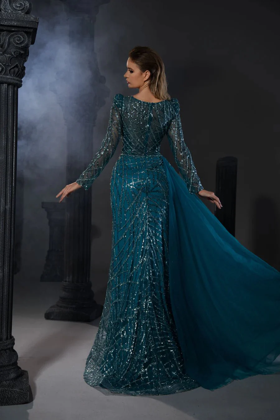 Gothic Grey Blue Sequin Evening Gown with Sheer Long Sleeves - Designer Sequin Gown and illusion Neckline Dress with Sleeves Plus Size - Image 4