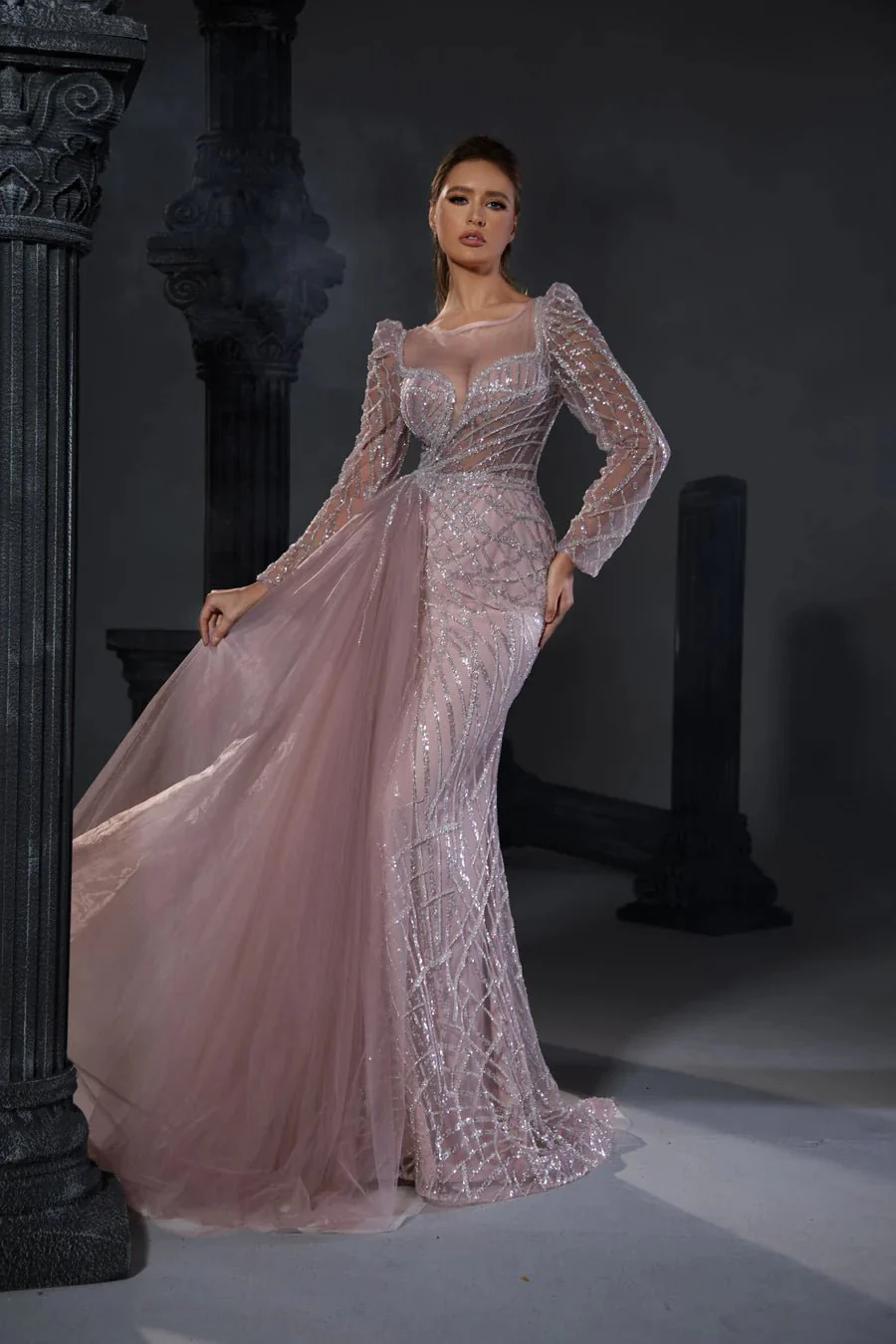 Gothic Grey Blue Sequin Evening Gown with Sheer Long Sleeves - Designer Sequin Gown and illusion Neckline Dress with Sleeves Plus Size - Image 5