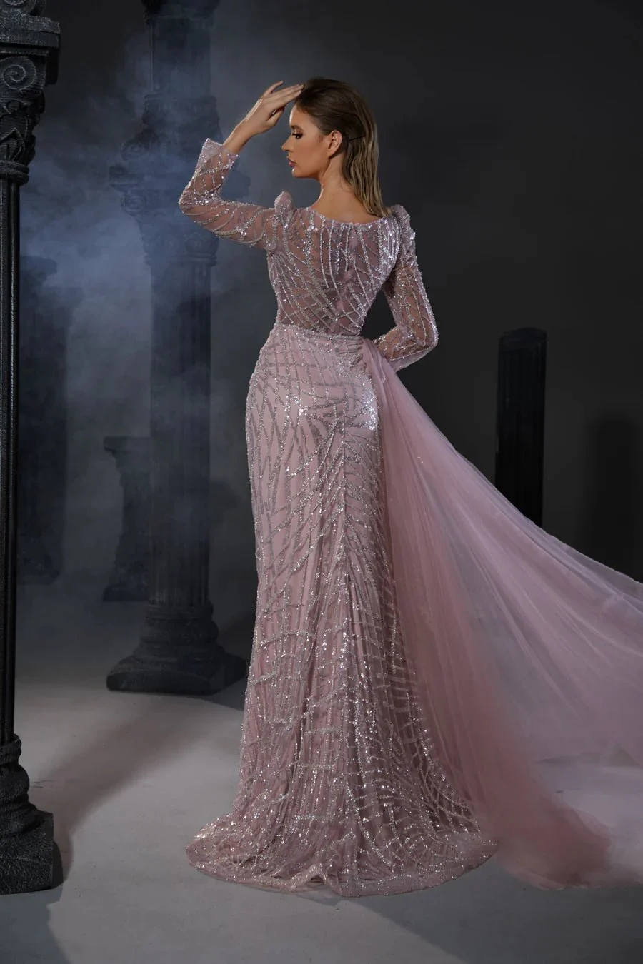 Gothic Grey Blue Sequin Evening Gown with Sheer Long Sleeves - Designer Sequin Gown and illusion Neckline Dress with Sleeves Plus Size - Image 6
