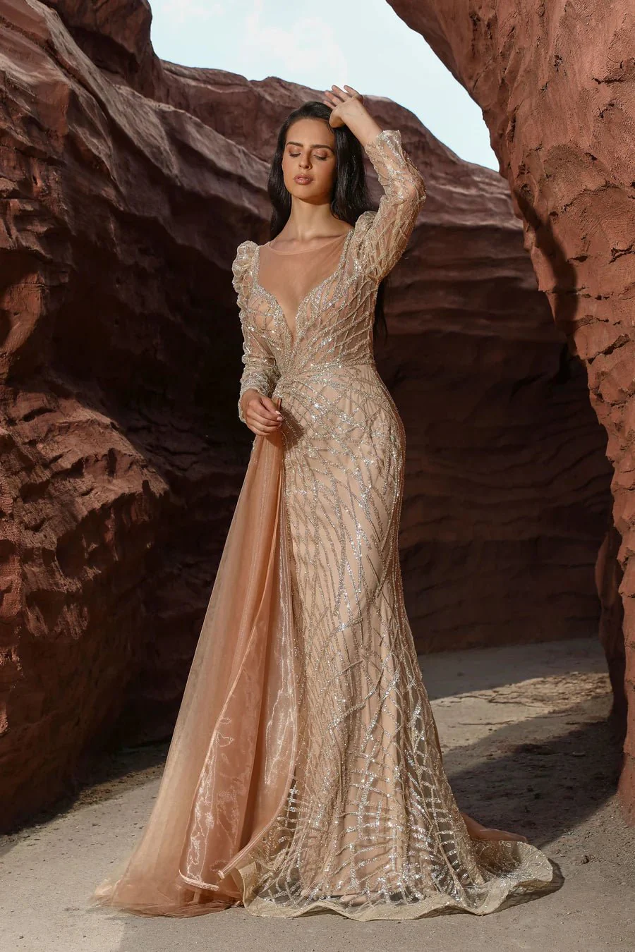 Gothic Grey Blue Sequin Evening Gown with Sheer Long Sleeves - Designer Sequin Gown and illusion Neckline Dress with Sleeves Plus Size - Image 7
