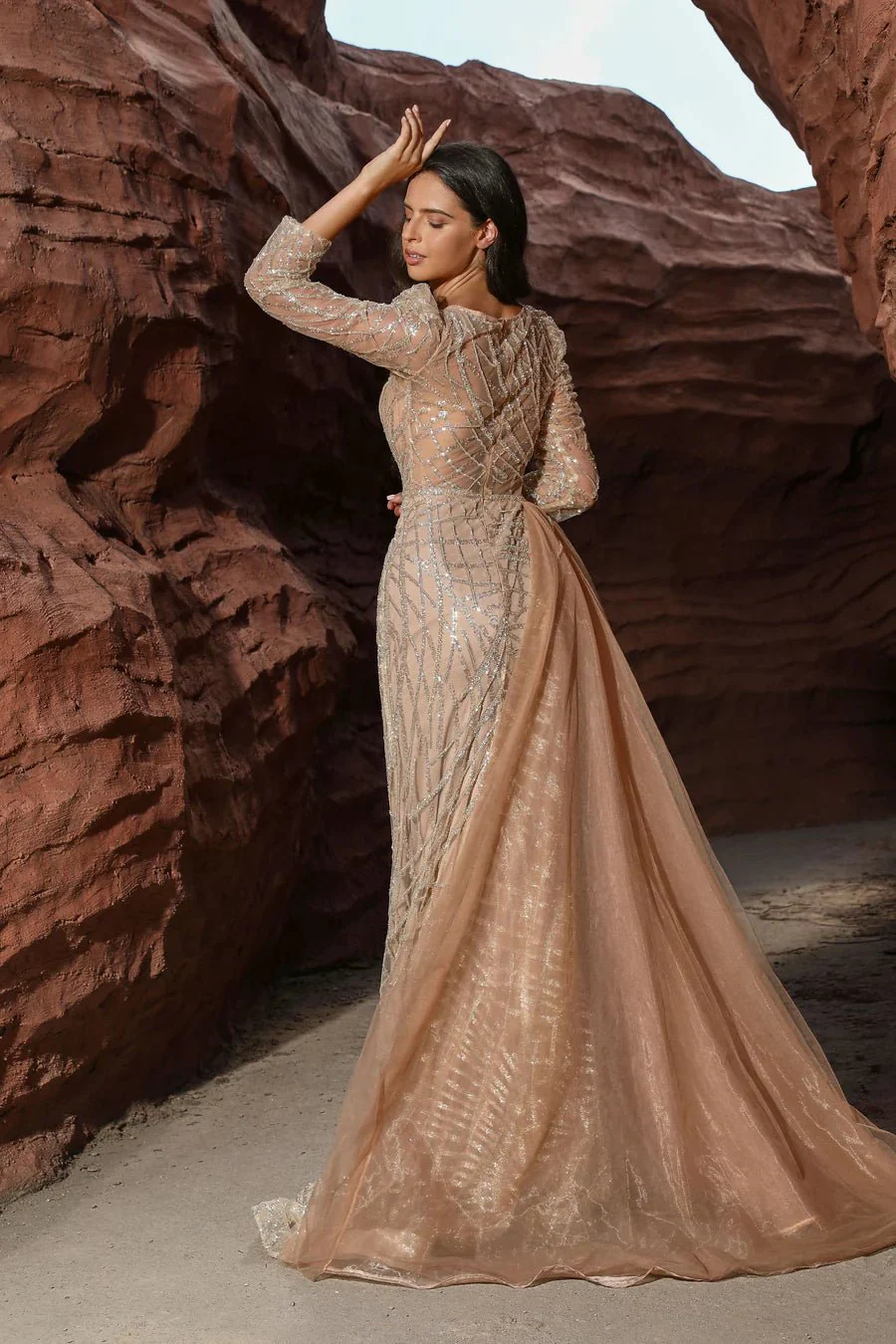 Gothic Grey Blue Sequin Evening Gown with Sheer Long Sleeves - Designer Sequin Gown and illusion Neckline Dress with Sleeves Plus Size - Image 8